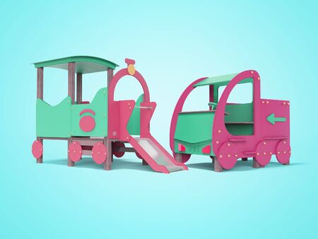 Turquoise crimson car and train playground for children with slide view of perspective 3d render on blue background with shadowの写真素材