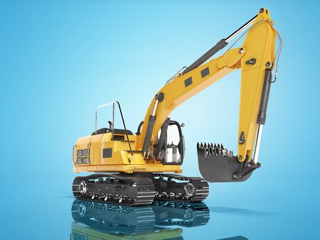 Orange single bucket excavator with hydraulic mechpatoy on tracked metal go isolated 3d render on blue background with shadowの写真素材
