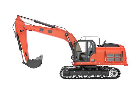 Road building red excavator on metal caterpillar track left side view 3d render on white background no shadowの写真素材