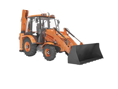Universal construction equipment with front loading at the front and hydraulic bucket at the rear rear render on white background no shadowの写真素材