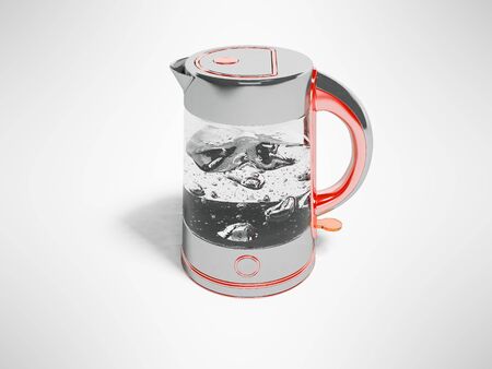 Gray electric kettle with boiling water with red inserts isolated 3D render on gray background with shadowの写真素材