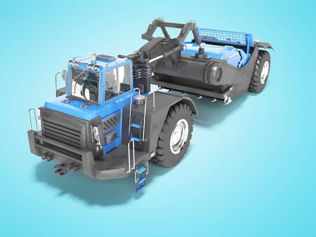 Blue wheeled tractor scraper isolated 3d render on blue background with shadowの写真素材