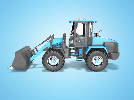 Blue front loader with large bucket on wheeled drive left side 3D render on blue background with...