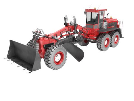 Construction machinery red grader for leveling roads for asphalt road isolated 3d render on white...
