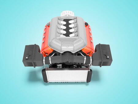 Car engine for eight cylinders red with air filters collector and gearbox 3D render on blue...