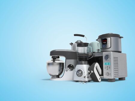 Concept set of household appliances for the kitchen pressure cooker blender mixer electric kettle 3d render on blue background with shadow