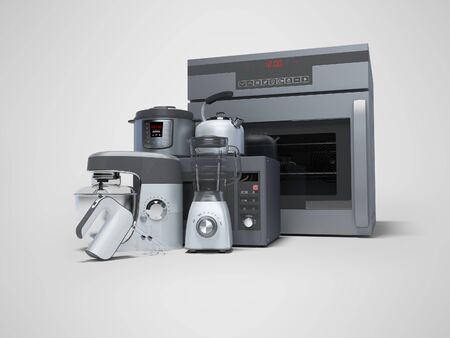 Kitchen electrical appliances built into group of electric oven blender electric kettle microwave 3d rendering on gray background with shadowの写真素材
