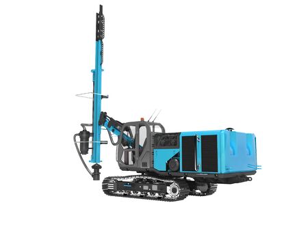 Big construction machinery crawler mounted rotary drilling rig blue 3D rendering on white background...