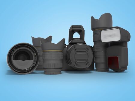 3d rendering equipment for the photographer on blue background with shadow