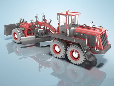 Red grader to align the road rear view 3D rendering on blue background with shadowの写真素材