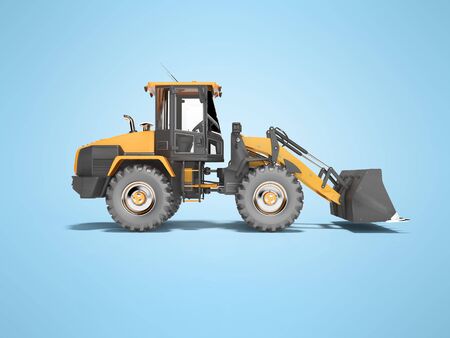 Orange road car wheel bulldozer 3D rendering on blue background with shadowの写真素材