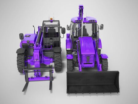 3D rendering purple loading equipment backhoe loader and excavator telescopic handler on gray...