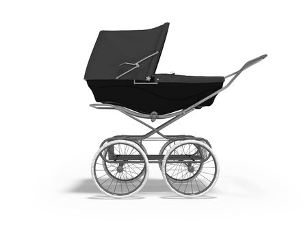 3D rendering black baby stroller with trunk in side view white background with shadowの写真素材
