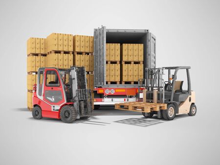 3d rendering group of forklift truck loading boxes on pallets into truck on gray background with shadowの写真素材
