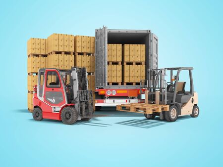 3d rendering group of forklift truck loading boxes on pallets into truck on blue background with shadowの写真素材