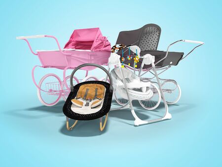 3d rendering concept set for sleeping baby, baby carriage pink and black hanging bed on blue...