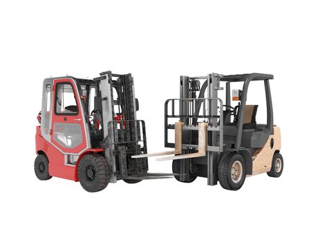 3d rendering of group of forklift trucks for warehouse on white background no shadowの写真素材