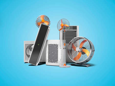 3d rendering concept orange fans air conditioners and portable air conditioners blue background with...