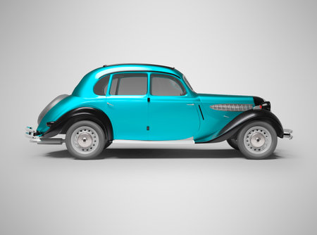 3D rendering classic retro car blue on gray background with shadowの写真素材