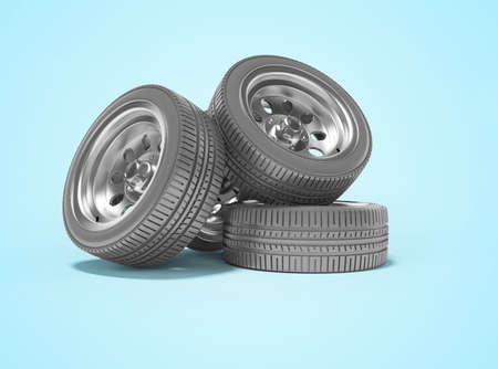 3d rendering of set of car tires on blue background with shadow