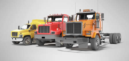 3d rendering group of heavy vehicles for transportation on gray background with shadowの写真素材