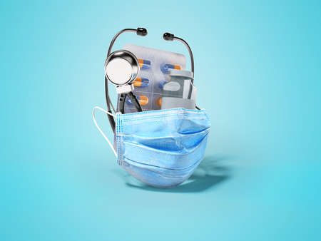 3d rendering group set vaccine medical mask stethoscope on blue background with shadowの写真素材