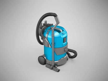 3D illustration of blue professional vacuum cleaner on gray background with shadowの写真素材
