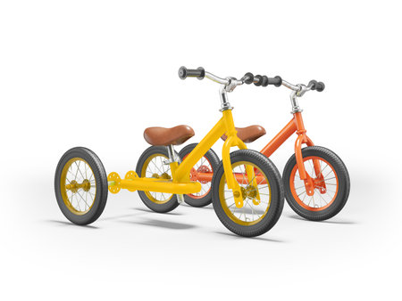 3d illustration of children's bicycles without pedals on white background with shadowの写真素材
