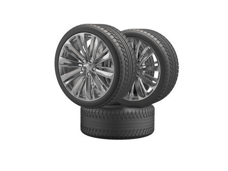 3D illustration set wheels for car on white background no shadow