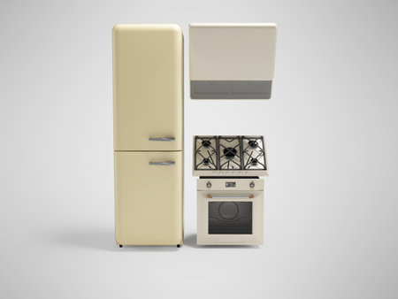 3D illustration of a group of large kitchen appliances for the home on gray background with shadowの写真素材