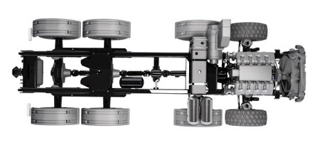 Truck suspension with engine cooling radiator top view 3d illustration on white background no shadow