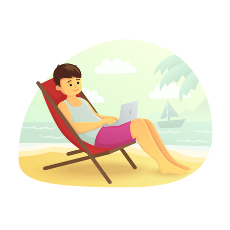 Man. Freelancer on the beach. Working on a laptop. Working on a computer. Cartoon style vector illustration.のイラスト素材