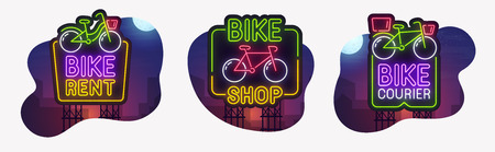 Big set neon billboard, theme bike. Rent Bike neon sign, isolated sticker, bright signboard, light banner.のイラスト素材