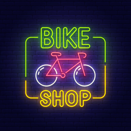 Bike shop neon sign, bright signboard, light banner.のイラスト素材