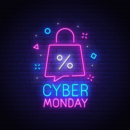 Cyber Monday neon sign, bright signboard, light banner. Discount, night sale logo, emblem. Vector illustration.のイラスト素材