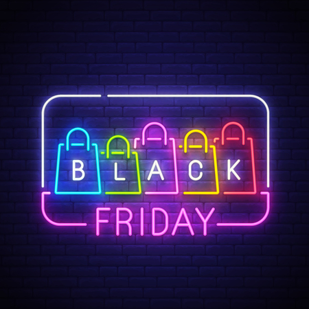 Black Friday neon sign, bright signboard, light banner. Big sale logo, emblem. Vector illustration.のイラスト素材
