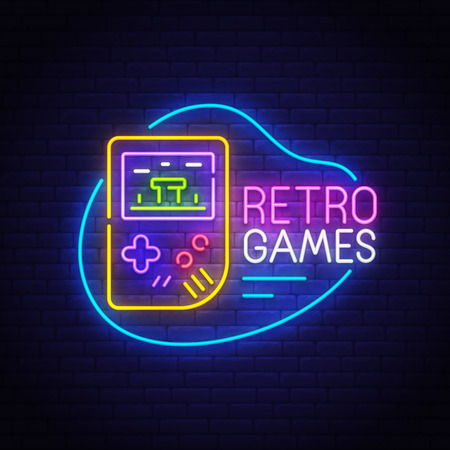 Retro Games neon sign, bright signboard, light banner. Game logo, emblem. Vector illustrationのイラスト素材
