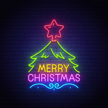 Merry Christmas neon text, bright signboard, light banner. Christmas tree neon logo, emblem. Merry Christmas sign. Vector illustrationのイラスト素材