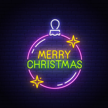 Merry Christmas neon sign, bright signboard, light banner. Christmas tree toy neon logo, emblem. Vector illustrationのイラスト素材
