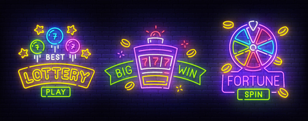 Set neon billboard Fortune. Lucky. Lottery logo, label and emblem. Neon sign, isolated sticker, bright signboard, light banner.のイラスト素材