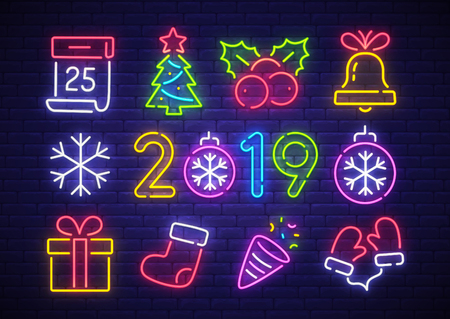 Christmas icon set. Merry Christmas and Happy New Year. Set neon icon, label, emblem. Bright signboard, light banner. Vector illustration.のイラスト素材