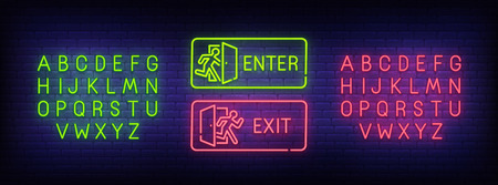 Enter neon sign, Exit neon sign. bright signboard, light banner. Neon text edit. Design template. Vector illustration.のイラスト素材