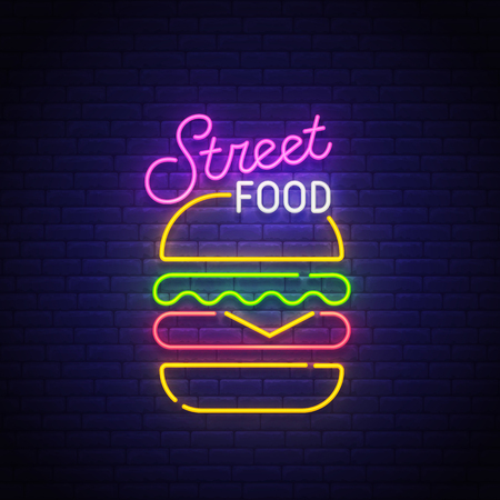 Street food neon sign, bright signboard, light banner. Burger logo neon, emblem. Vector illustration.のイラスト素材