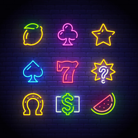 Game icons for casino. Icon from slot machine. Slot neon sign. Casino, Slot machine, Gambling. Vector Illustration.のイラスト素材