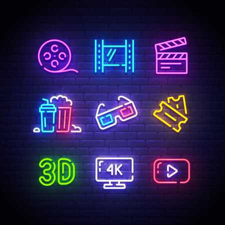 Cinema icons. Icon from cinema. Movie neon sign. Film, Popcorn, 3D glasses, Tickets, 4k film and Play icon. Vector Illustration.のイラスト素材