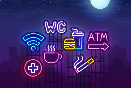 Night City Sign Neon Atm Food Court Disabled Smoking Area