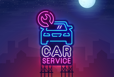 Night city. Sign neon. Car Service billboard. Bright signboard, light banner.  Car Service logo. Vector illustration.のイラスト素材