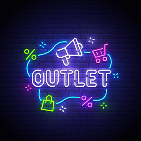 Outlet neon sign, bright signboard, light banner. Outlet logo neon, emblem. Vector illustration.のイラスト素材