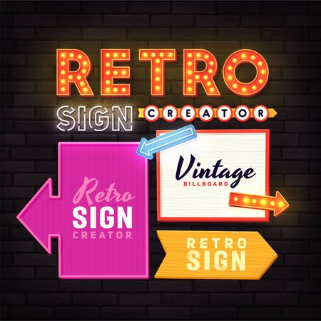Retro signboard. Set elements for street sign. Neon sign. Advertising space.のイラスト素材