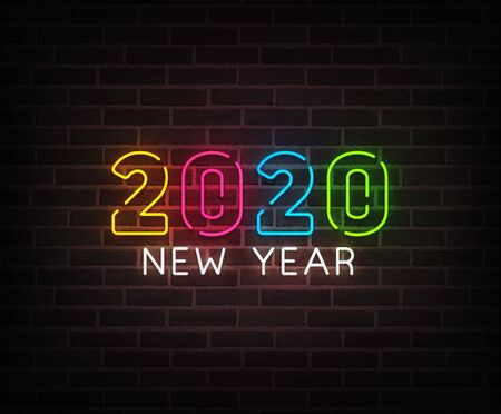2020 New Year neon background colorful. Merry Christmas neon sign. Logo, emblem, banner and label, bright signboard, light bannerのイラスト素材